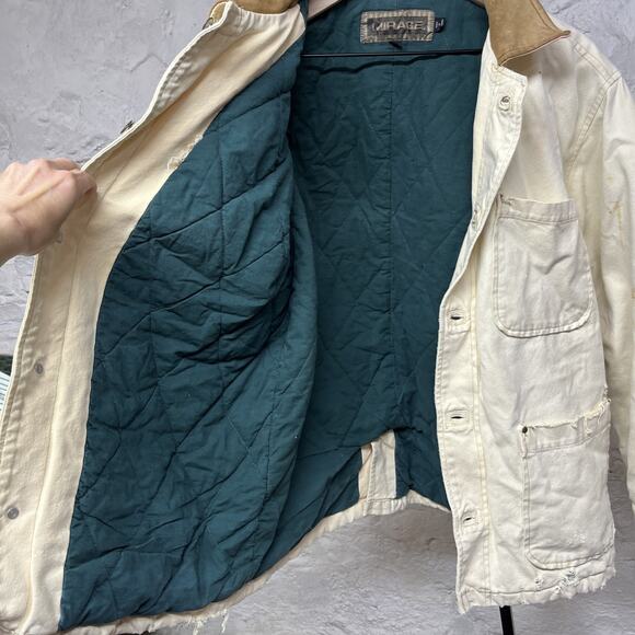 Mirage Vtg 90s Canvas Chore Coat Quilted Lined Faded Distressed Leather Collar - Picture 10 of 10